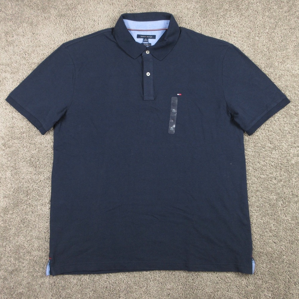 Tommy Hilfiger Polo Shirt Mens XL Navy Blue Pique Logo Preppy Golf Tennis NEW